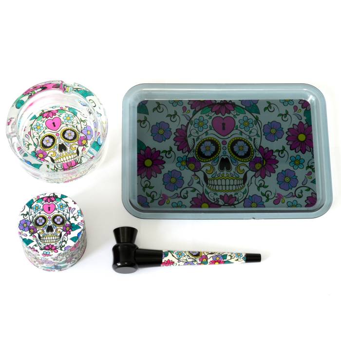 Set (tava rulat+scrumiera sticla+grinder+mini pipa) Calavera / Toro