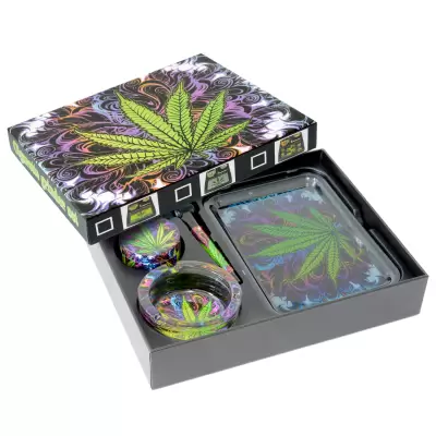 Set (tava rulat+scrumiera sticla+grinder+mini pipa) Leaf / Toro