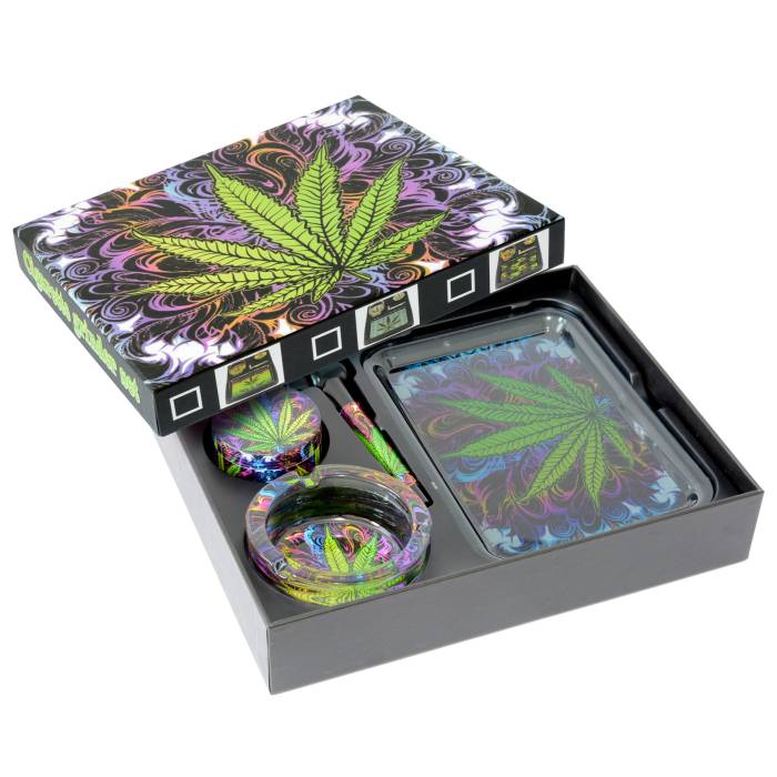 Set (tava rulat+scrumiera sticla+grinder+mini pipa) Leaf / Toro