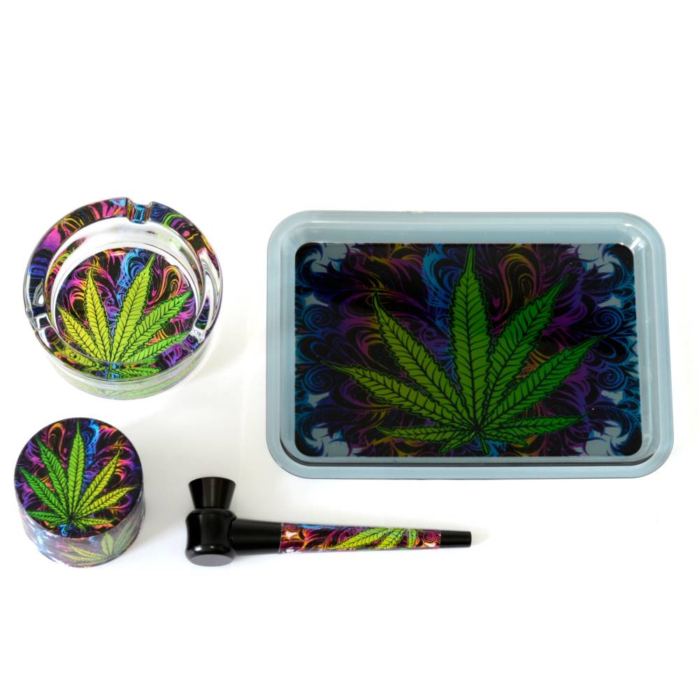 Set (tava rulat+scrumiera sticla+grinder+mini pipa) Leaf / Toro