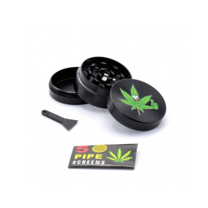 Set (bong sticla 12cm+site+grinder) Round Happy Leaf / Toro