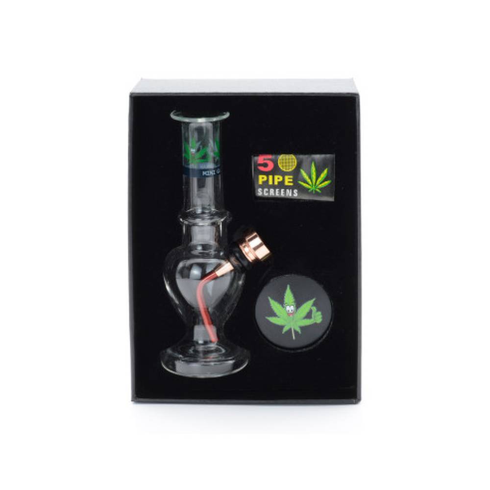 Set (bong sticla 12cm+site+grinder) Round Happy Leaf / Toro