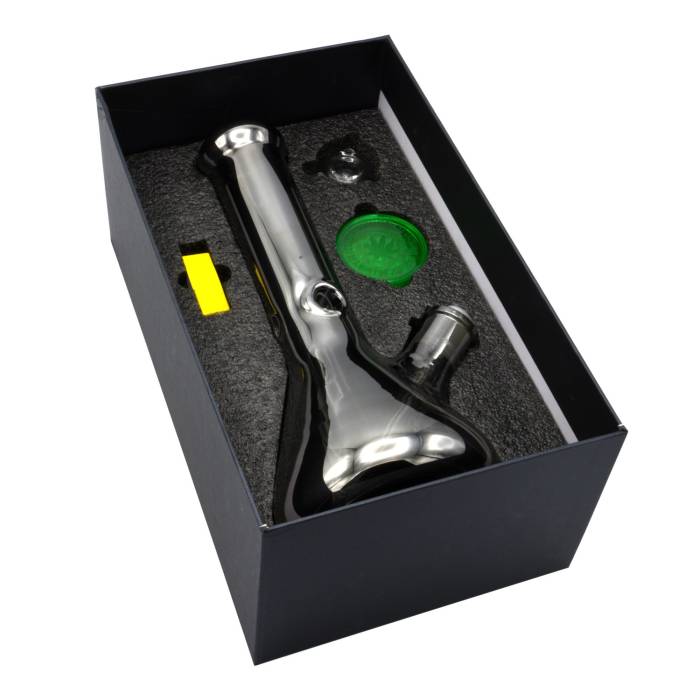 Set (bong sticla 31cm+grinder+filtre carton) Shiny Black / Toro