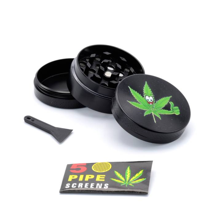 Set (bong sticla 12cm+site+grinder) Happy Leaf / Toro